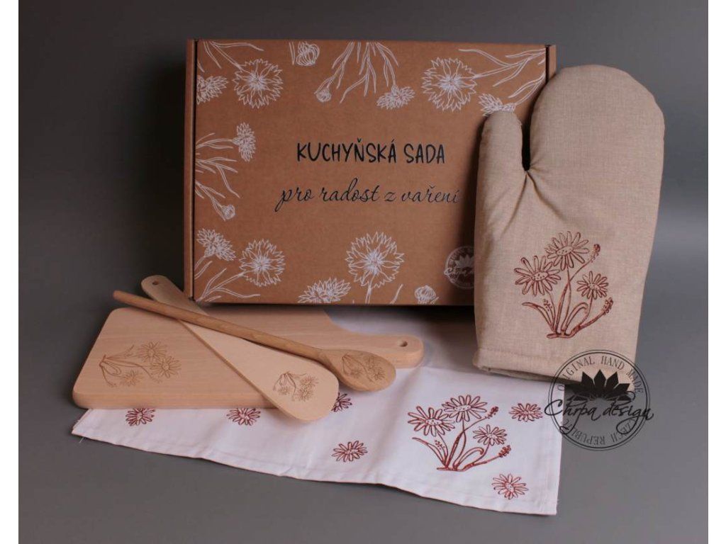 Dárková kuchyňská sada Kopretiny s hnědou chňapkou