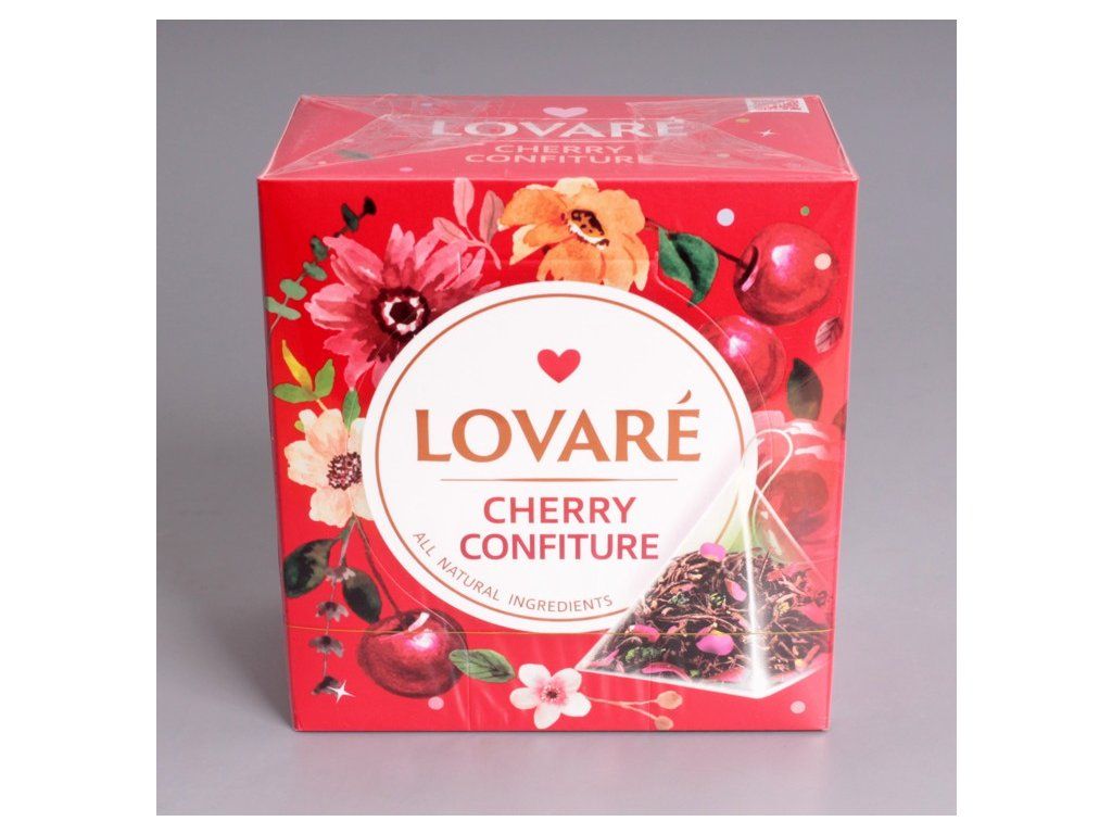 Černý a zelený čaj LOVARÉ Cherry Confiture 30 g, 15 pyramidových sáčků