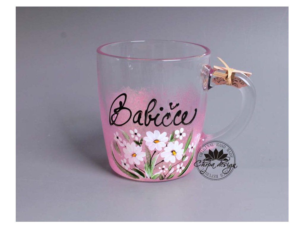 Skleněný hrnek - Babičce - růžové květy