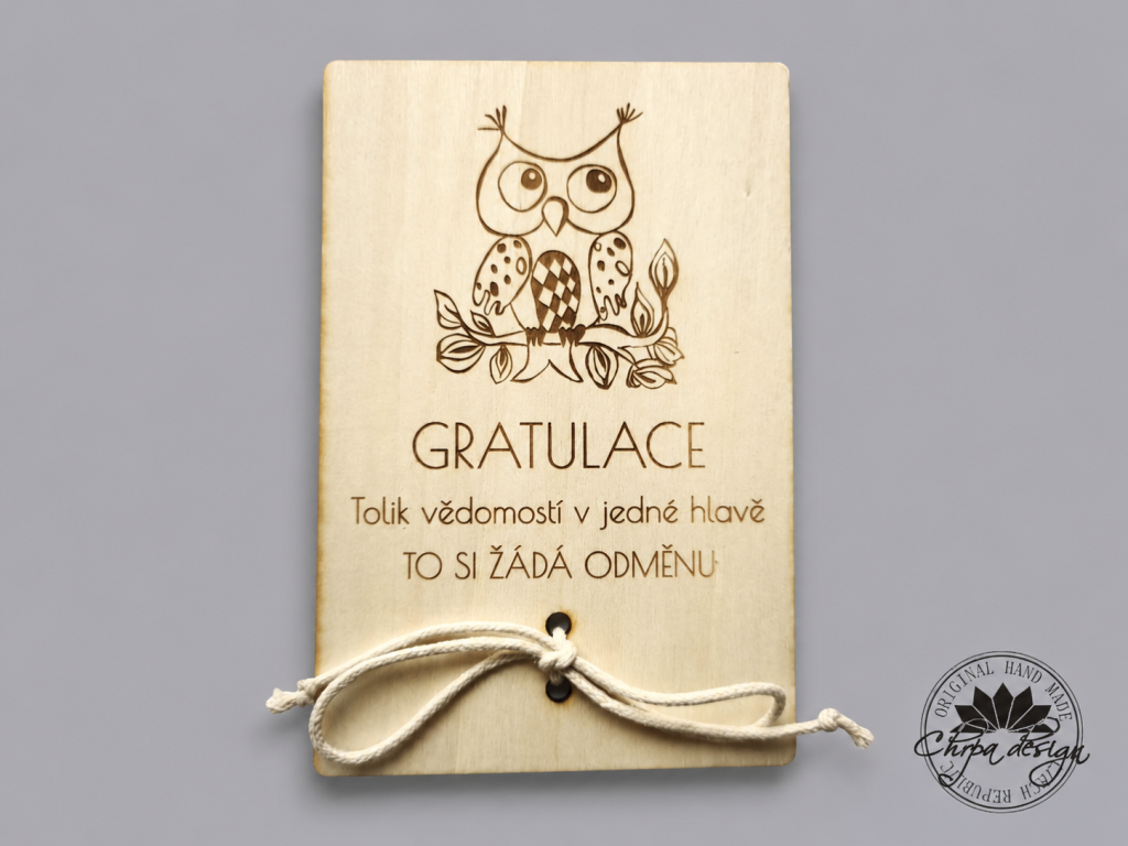 Pokladnička dřevo - cedulka na peníze M, gratulace, sova