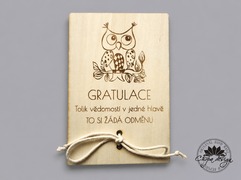 Pokladnička dřevo - cedulka na peníze M, gratulace, sova