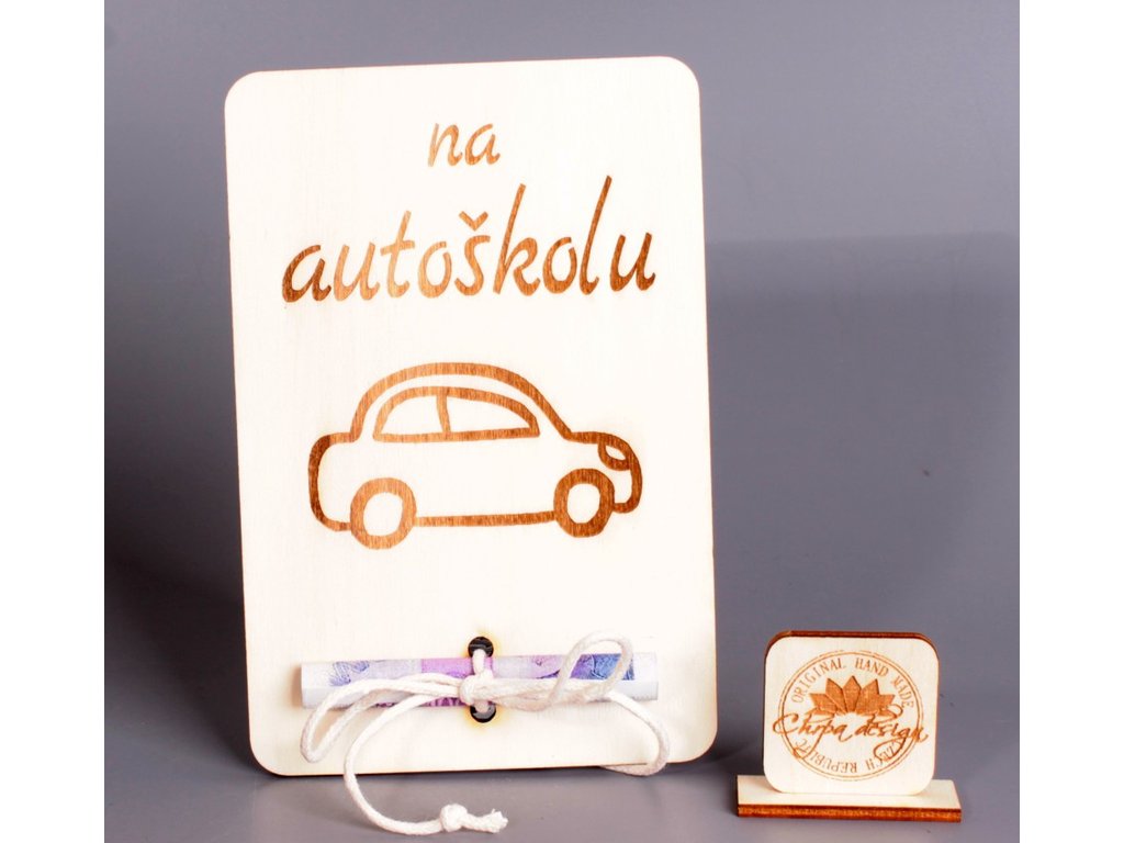 Pokladnička dřevo - cedulka na peníze M, na autoškolu