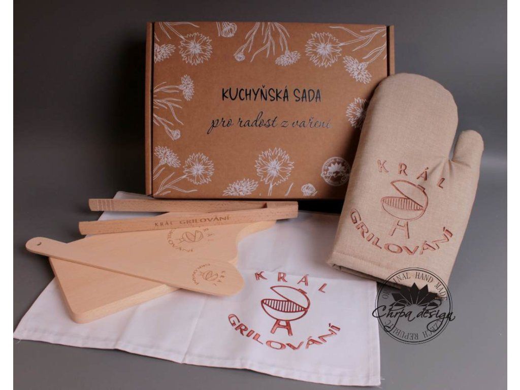 Dárková kuchyňská sada Král grilování s hnědou chňapkou